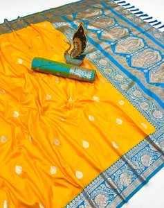 <b>Yellow</b> Banarasi Silk <b>Saree</b> With Blue Zari Border And Blouse For Women Traditional Indian Wedding Wear - Product Image 3
