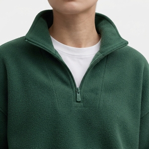 Sudadera Unisex de Forro Polar con Cierre de Cremallera, Color Verde Sólido, Estilo Holgado, Cuello Alto, Largo Regular, para Otoño - Product Image 4