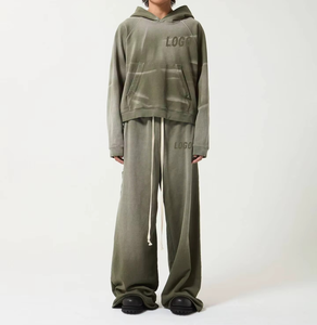 Conjunto de Sudadera con Capucha de Algodón Puro Estampado, Lavado Ácido, Efecto Desgastado, Estilo Urbano, Vintage, para Hombre - Product Image 1