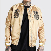 Blouson universitaire en satin doré pour homme, coupe droite, col montant, fermeture boutonnée recouverte, couleur unie, tricoté, écologique, décontracté, printemps