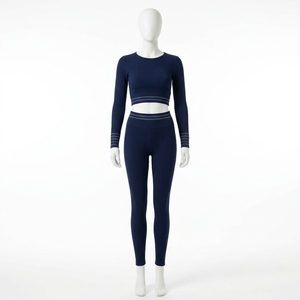 <b>Women</b> <b>Navy</b> Blue Ribbed Long Sleeve <b>Top</b> High Waist Leggings Yoga Set Gym Fitness Workout Activewear - Product Image 1