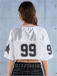 Women White Mesh <b>Crop</b> <b>Top</b> Jersey Oversized Loose Fit Football T Shirt Breathable Streetwear Sports Tee Summer - Product Image 2