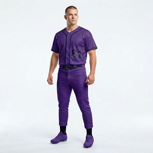 Tenues d'équipe sportives personnalisées de haute qualité, respirantes, imprimées, 100% coton, ensemble maillot et pantalon de baseball pour hommes, col en V, manches longues, devant imprimé - Product Image 1