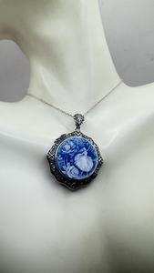 Collier ras du cou vintage en argent sterling 925 avec pendentif camée fleur ballerine bleue pour femme - Product Image 2
