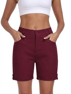 Shorts Bermuda Femme Taille Haute Couleur Unie avec Braguette Boutonnée Style Décontracté Couleur Personnalisable Coton Fibre de Bambou Tissé Coupe Ajustée - Product Image 1