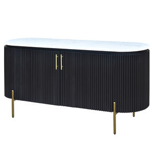 Aparador Moderno de Lujo con Cubierta de Mármol Natural, Elegante Mueble Buffet Negro Acanalado con Silueta Ovalada y Patas de Latón Dorado - Product Image 1