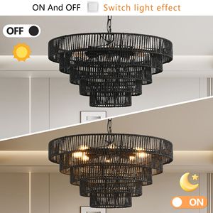 Lampadario a sospensione rustico nero in corda di canapa a 5 livelli da 24 pollici, stile Boho Farmhouse, con 8 attacchi E12 per sala da pranzo - Product Image 5