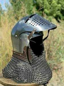 Medieval Antique Knight Helmet with Chainmail Mild Steel Handcrafted Armor Adjustable Leather Strap Historical Reenactment - Product Image 4