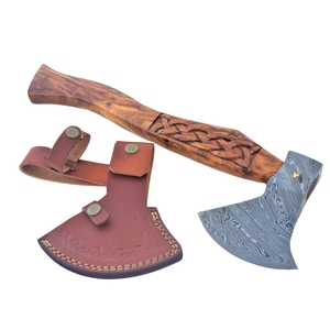 CUSTOM HANDMADE INDUSTRIAL DAMASCUS STEEL <b>AXE</b> HEAD ENGRAVED <b>WOOD</b> HANDLE with LEATHER SHEATH - Product Image 1
