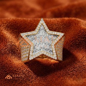 Bague étoile Iced Out pour homme, plaqué or 18 carats, diamant Moissanite VVS, style Hip Hop, coupe baguette, étoile à cinq branches, bague statement - Product Image 1