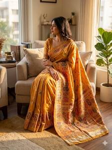Sari de Seda Pura Rajwadi con Tejido de Seda y Pallu con Hilo Kashmirí - Product Image 1