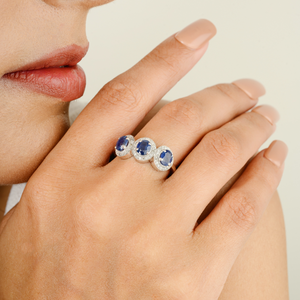 14K Solid Gold Blue Sapphire <b>Diamond</b> Three Stone Halo Wedding <b>Ring</b> - Product Image 3