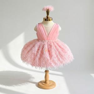 Robe de tutu rose légère pour anniversaire, avec garniture en plumes douces, confortable, pour enfants, robe de princesse pour fête, vente en gros abordable - Product Image 1