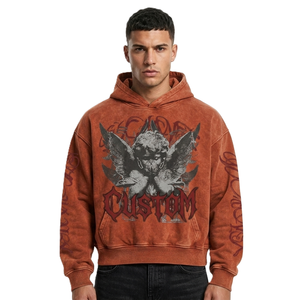 <b>Men</b>’s Burnt Orange Graphic Hoodie Cropped Oversized Gothic Angel Print Vintage Washed Y2K Streetwear <b>Pullover</b> Custom OEM Bulk - Product Image 1