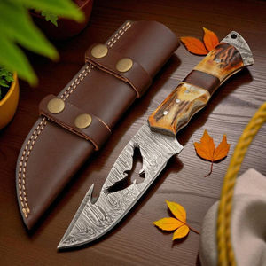 Cuchillo de Caza de Acero de Damasco de Calidad Premium con Mango de Cuerno de Ciervo, Cómodo, de Espiga Completa, Soporte para Personalización OEM - Product Image 1