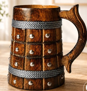 100% Leakage Proof Vintage Wooden Beer Mug with Lid Wooden Handle Eco-Friendly CE Certified <b>for</b> Home Hotel & Restaurant Use - Product Image 1