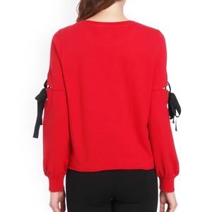 Knitted Women Sweatshirt Red Cut Out Sleeve Bow <b>Tie</b> Lace Up Crewneck Cropped Balloon Sleeve Ladies Pullover Cotton Fashion OEM - Product Image 5