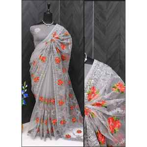 Saree traditionnel chinois de créateur avec broderie en fil et zari - Product Image 6