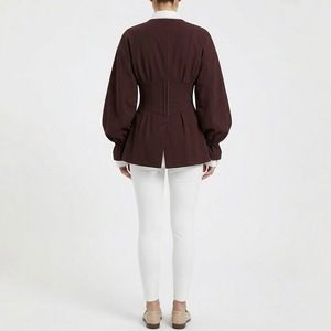 Blue Fox International <b>Women</b> Vintage Burgundy Bomber Jacket <b>Corset</b> Waist Lantern Sleeve Blouse Layered Collar Formal Elegant - Product Image 2