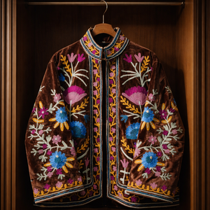 Chaqueta de terciopelo marrón moca de lujo del fabricante, con bordado elaborado, manga larga y ajuste cómodo. - Product Image 5