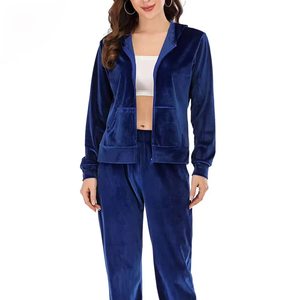 Nouveautés – Ensemble de survêtement en velours bleu douillet de haute qualité pour femme, comprenant un sweat à capuche zippé personnalisé et un pantalon de jogging – Vente en gros - Product Image 3