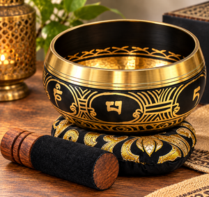 Bol chantant tibétain noir et or avec marteau en bois et coussin brodé, bol sonore artisanal pour la méditation et le yoga - Product Image 3