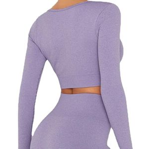 Conjunto de Yoga de Cintura Alta con Efecto Lifting, Top Corto de Manga Larga, Conjunto Deportivo Sin Costuras de Secado Rápido, Ropa de Entrenamiento Morada - Product Image 4