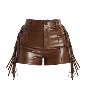 Shorts en cuir PU marron taille haute pour femme avec décoration à pompons, style bohème, fermeture boutonnée - Product Image 1