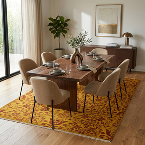 Tapis en laine fait main motif floral safran-moutarde rouille, tapis de zone moderne botanique arabesque, antidérapant à poils épais pour salon et hôtel - Product Image 3