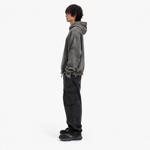 OEM Custom Washed Grey <b>Oversized</b> <b>Hoodie</b> Heavyweight Pullover with Raw Edge Black <b>Stitching</b> Distressed Embroidery - Product Image 3