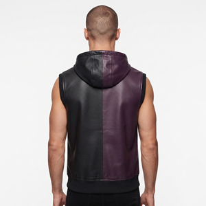 Hoodie sans manches en cuir pour homme, fermeture éclair, poches latérales, gilet à capuche en cuir, 100% cuir, hoodie sans manches pour garçons - Product Image 2
