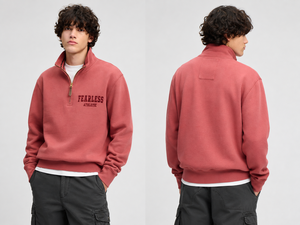 Sweat-shirt à col montant zippé rouge pour homme Fearless Athletic, coupe classique, couleur unie, décontracté, pour l'automne, en molleton épais - Product Image 2