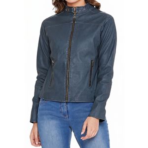 Chaqueta de Cuero Azul con Cierre Completo, Cuello Alto, Silueta Ajustada, Transpirable, Informal, de Invierno, Chaquetas de Cuero Genuino - Product Image 1