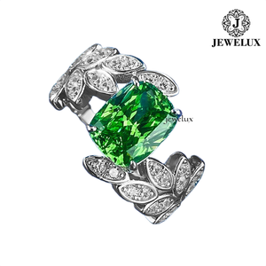 แหวนค็อกเทลพลอยสีเขียวทรงมรกตสำหรับผู้หญิงจาก Jewelux ตัวเรือนเงินแท้ 925 ประดับเพชรแบบ Pave ดีไซน์รูปดอกไม้ แหวนหมั้นสุดหรูจากอินเดีย - Product Image 2