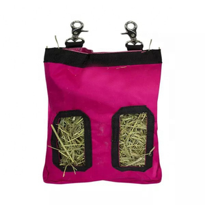 Pink Nylon Hay Bag With Two Feed Pockets And Metal <b>Clips</b> For Horse Feeding - Product Image 1