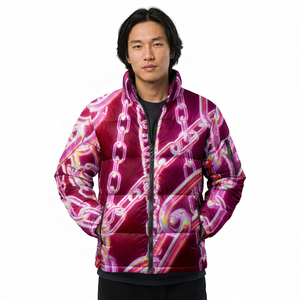 Veste matelassée unisexe longue à imprimé chaîne violette, col à capuche, fermeture éclair, coupe-vent, décontractée, hiver, polyester écologique - Product Image 5