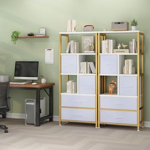 Libreria a 5 Ripiani in Legno con 4 Cassetti, Struttura in Truciolato e Ferro, Tessuto Non Tessuto, 60x30x147cm, Cornice Dorata, Pannello Bianco - Product Image 6