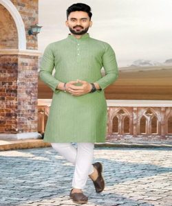 Men's Green Cotton Kurta With White Payjama Traditional Indian Pakistani Casual Wear <b>Knee</b>-Length Regular Fit All Seasons 63196 - Product Image 1