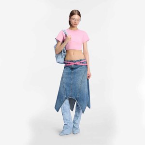 T-shirt court décontracté pour femme en coton rose à col rond et manches courtes, couleur unie, tissu jersey respirant, avec logo, 220g, Printemps-Été - Product Image 4
