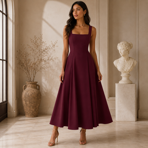 Robe longue de luxe bordeaux coupe trapèze pour femme |   Robe de soirée élégante à col carré sans manches |   Cocktail de soirée vintage pour mariage - Product Image 4