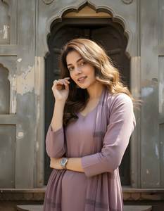 Conjunto de Kurta y Pantalón Recto de Algodón Rosa con Dupatta con Estampado Digital, Cuello Redondo, Largo hasta la Pantorrilla, Traje Étnico para Mujer, Tallas M, L, XL, XXL - Product Image 2