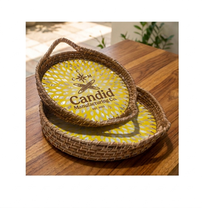 Natural Crafts High Quality Round Rattan Serving Tray with Mother of Pearl Base Stylish Wicker Coffee Tray <b>Sets</b> - Product Image 1