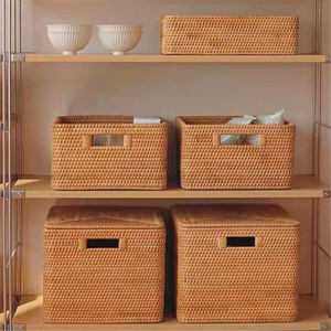 Home Decor Rectangle Rattan Eco-Friendly Storage <b>Basket</b> with 2 Wooden Handles for <b>Shelves</b> - Product Image 4