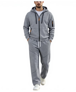 Chándal gris con capucha para hombre, largo completo, informal, con bolsillos laterales, cierre de cremallera, 100% algodón, transpirable, corte regular, deportivo. - Product Image 1