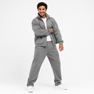 Men's Gray Fleece Tracksuit Full <b>Zip</b> Jacket and Pants Set Casual Solid Color Breathable Regular Fit Autumn Wear - Product Image 3
