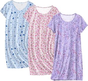 Camisones de Algodón para Mujer, Paquete de 3, Camisetas de Dormir de Manga Corta, Camiseta de Noche, Camisón Estampado, Ropa de Dormir - Product Image 3