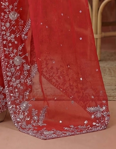 KV <b>Red</b> Embellished Sequined Organza Saree With Unstitched <b>Blouse</b> - Product Image 6