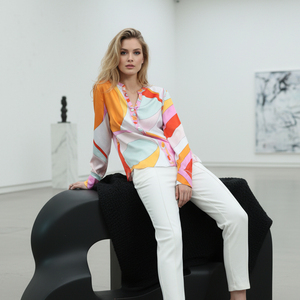 Chemisier en soie à imprimé abstrait coloré pour femmes, haut décontracté à manches longues et <span class=keywords><strong>col</strong></span> en <span class=keywords><strong>V</strong></span> - Product Image 5