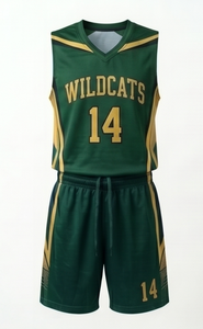 Conjunto de camiseta de baloncesto Wildcats para hombre, verde y dorado, sublimado, cuello en V, sin mangas, absorbe la humedad, ajuste atlético, pantalones cortos con cordón - Product Image 2