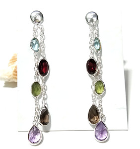 925 <b>Silver</b> Natural Multicolor Gemstone Drop <b>Earrings</b> Amethyst Garnet Peridot Smoky Quartz Bezel Setting Bohemia Style Women's - Product Image 1